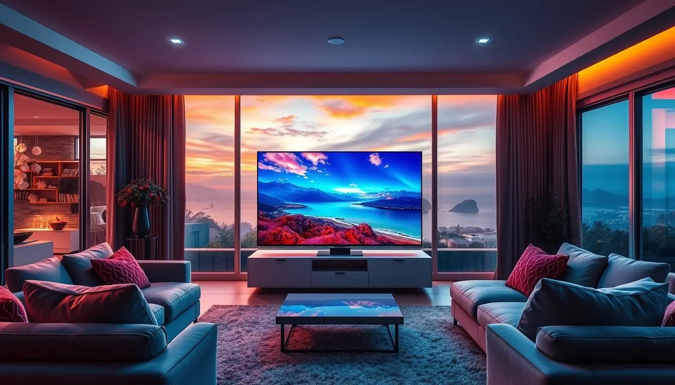 Modern living room with a large TV displaying a vivid sunset landscape